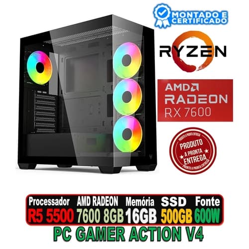 PC GAMER ACTION V4 AMD RYZEN 5 5500, AMD RADEON RX 7600 8GB, 16GB DDR4, SSD 480GB, FONTE 600W, HI LEVEL