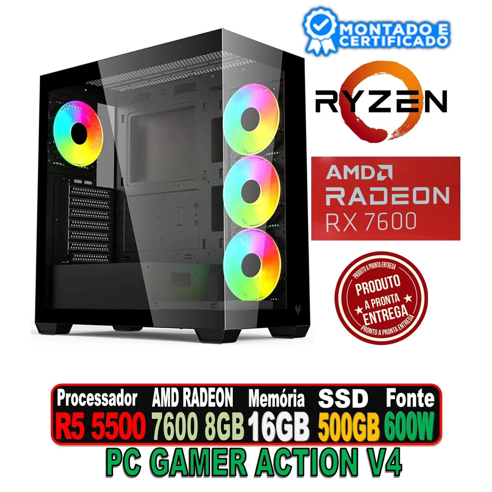 PC GAMER ACTION V4 AMD RYZEN 5 5500, AMD RADEON RX 7600 8GB, 16GB DDR4, SSD 480GB, FONTE 600W, HI LEVEL