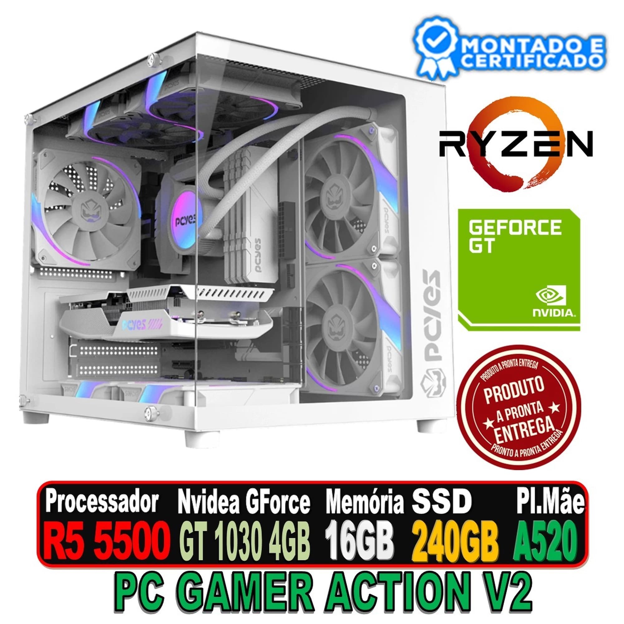PC GAMER ACTION V2 AMD RYZEN 5 5500, GEFORCE GT 1030 4GB, 16GB DDR4, SSD 240GB, FORCEFIELD WHITE GHOST, FONTE 500W