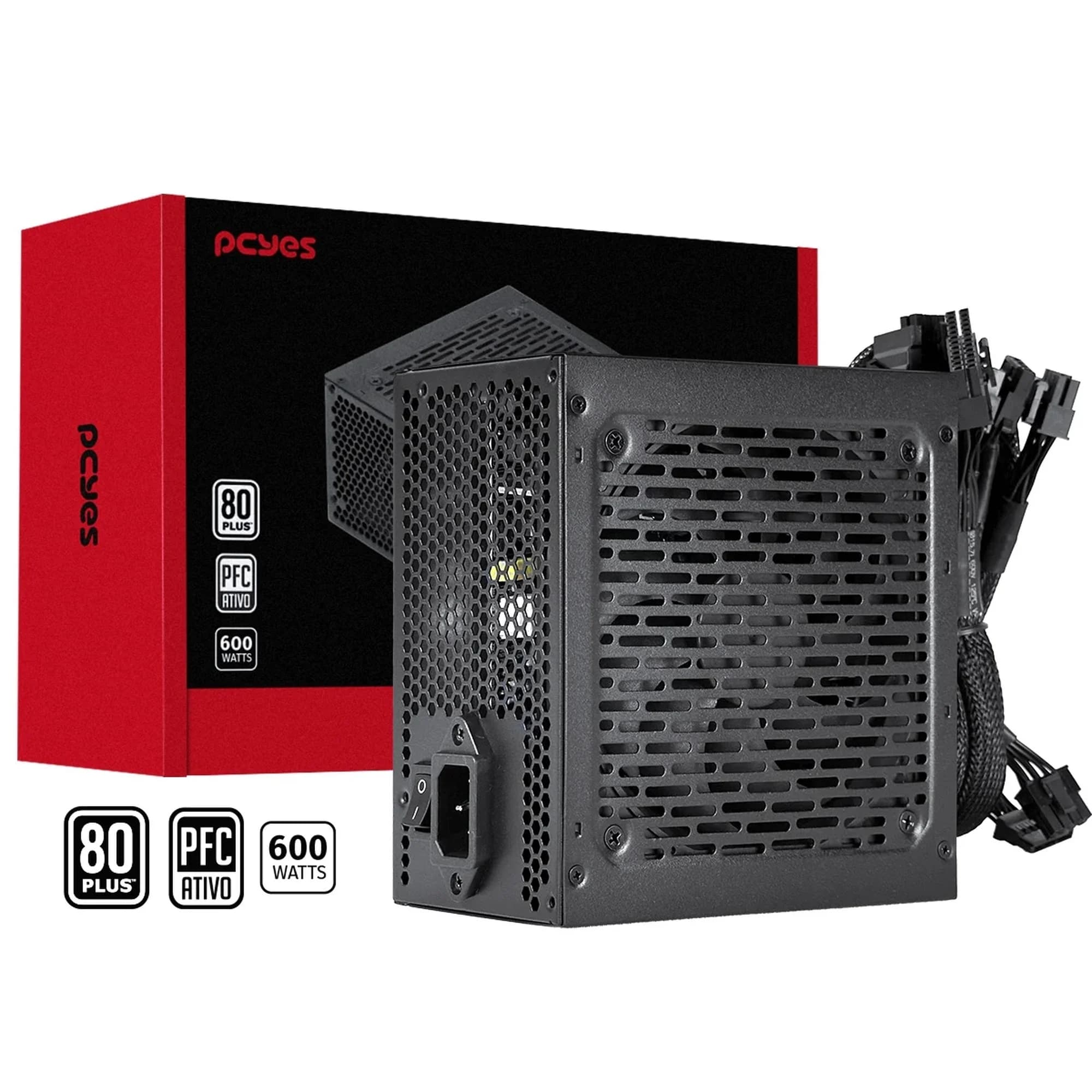 FONTE 600W PCYES SHOCKER BLACK 80 PLUS WHITE PF600SHW