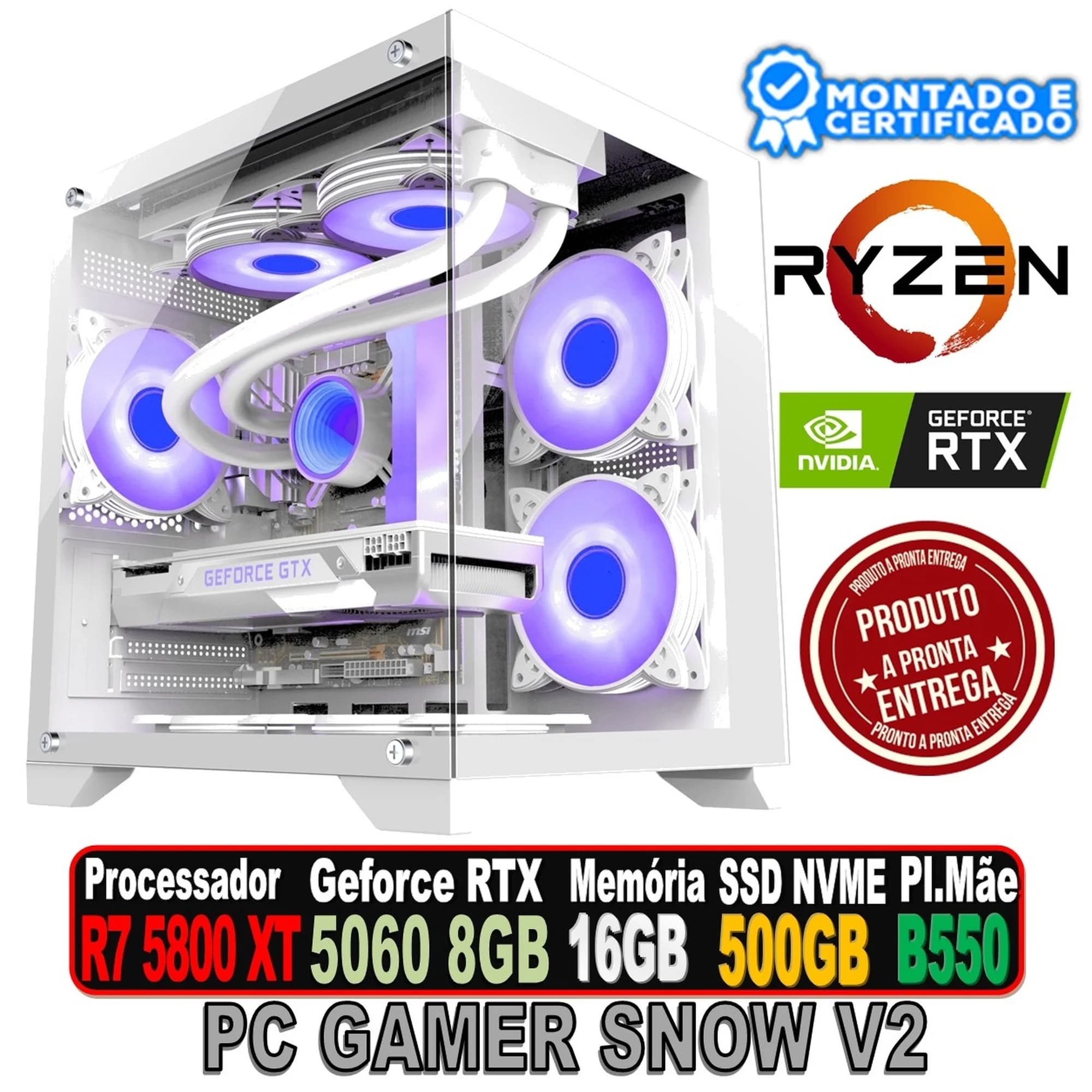 PC GAMER SNOW V2 AMD RYZEN 7 5700X, RTX 5060 8GB ICE, 16GB DDR4 BRANCA RGB, B550 BRANCA, SSD 480GB, 600W 80PLUS WHITE, SOUL RGB