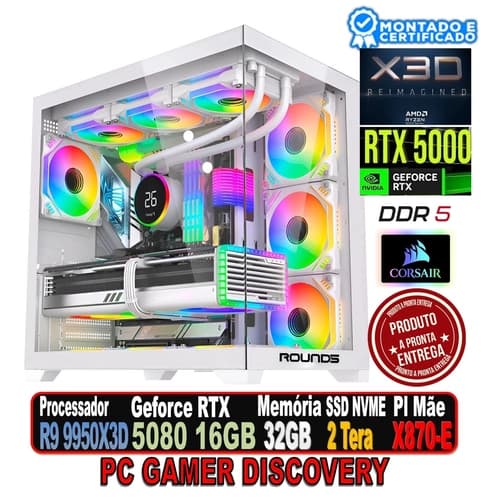 PC GAMER DISCOVERY AMD RYZEN 9 9950X3D, RTX 5080 16GB, X870-E PRO ICE GIGABYTE, 32GB 6000, NVME 2 TERA, 1250W PLATINUM, WC 360MM LCD, 6 FAN HALO WHITE
