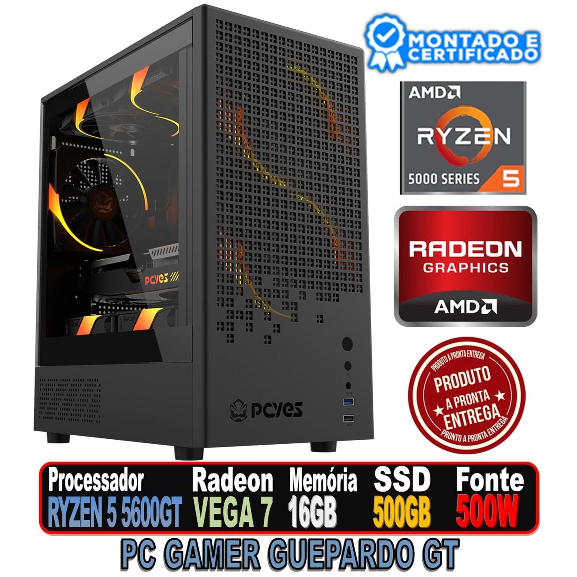PC GAMER GUEPARDO GT AMD RYZEN 5 5600GT, RADEON VEGA 7 GRAPHICS, MEMORIA 16GB DDR4, SSD 480GB SATA III, PLATE, FONTE GAMER 500W